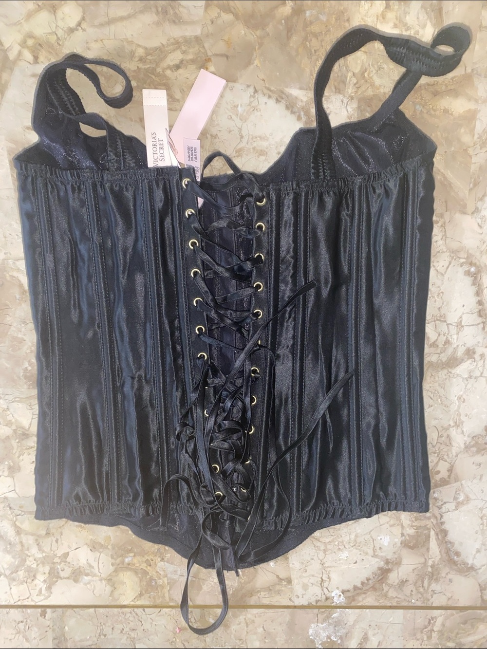 Victoria's Secret Black Satin Lace-Up Corset Camisole